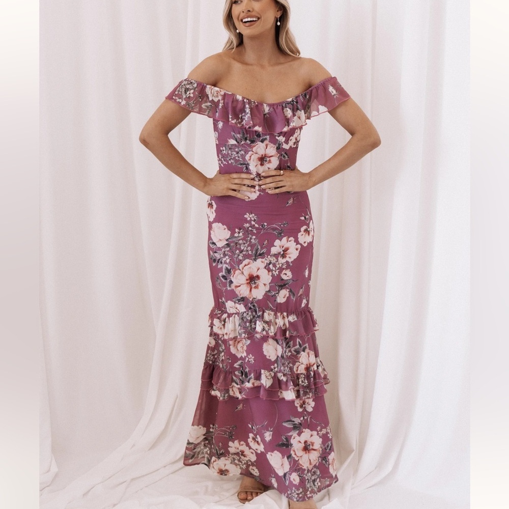 Petal & Pup Mauve Floral Off-Shoulder Maxi Dress